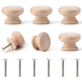 6 Pcs Wooden Cabinet Knobs with Screws, Mushroom Drawer Knobs Natural Unfinished Wood Cupboard Knob Handles Round Knobs for Furniture Wardrobe Office Dresser Drawer Pull (35mm*25mm)