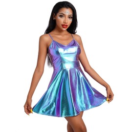 FYMNSI Women's Metallic Mini Dress Strappy Dress Rave Outfits Sleeveless Glitter Wetlook Holographic Party Dress Skater Dress, Laser Blue