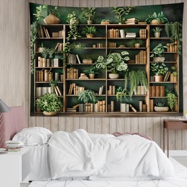 HVEST Green Plant Bookshelf Tapestry Book on Bookshelf and Plant Potted Wall Hanging Reading Wall Art for Study Room Bedroom Living Room College Dorm Decor, 40L x 60W Inches