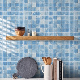 smafusion 7.8sqft Bath Floor Tiles Waterproof Washable, Blue Glass Pool Tiles, Mosaic Floor and Wall Tile for Bathroom, Kitchen Backsplash, Swimming Pool, Shower, Accent Wall (8pcs, Blue Crystal)