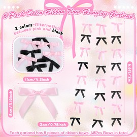 FHzytg Pink and Black Satin Ribbon Bow Hanging Garland, 6 Pack of 48 Pieces, 6.6 Feet Long, Perfect for Girls' Bow Birthday Party, Baby Shower, Bridal Shower, Bachelorette Party