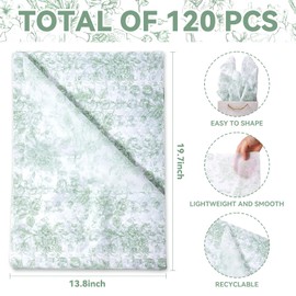 120 Sheets Sage Green Floral Tissue Paper Chinoiserie Gift Wrapping Paper Vintage Green White Flowers Packaging Patterned Bulk for Baby Shower Wedding Birthday Party Decor, 14 x 20 Inch