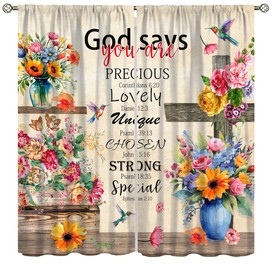 Birds Bible Verse Curtains for Kitchen,Christian Rustic Flower Cross Retro Scripture Quote Hummingbird Art Printed Fabric Window Drapes for Girls Bedroom Living Room Bathroom 42x45in（No Blackout）