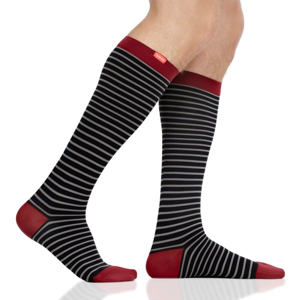 VIM & VIGR 30-40 mmHg Medical Grade Compression Socks for Women & Men (Black & Grey Little Stripe Nylon, Medium/Large (2))