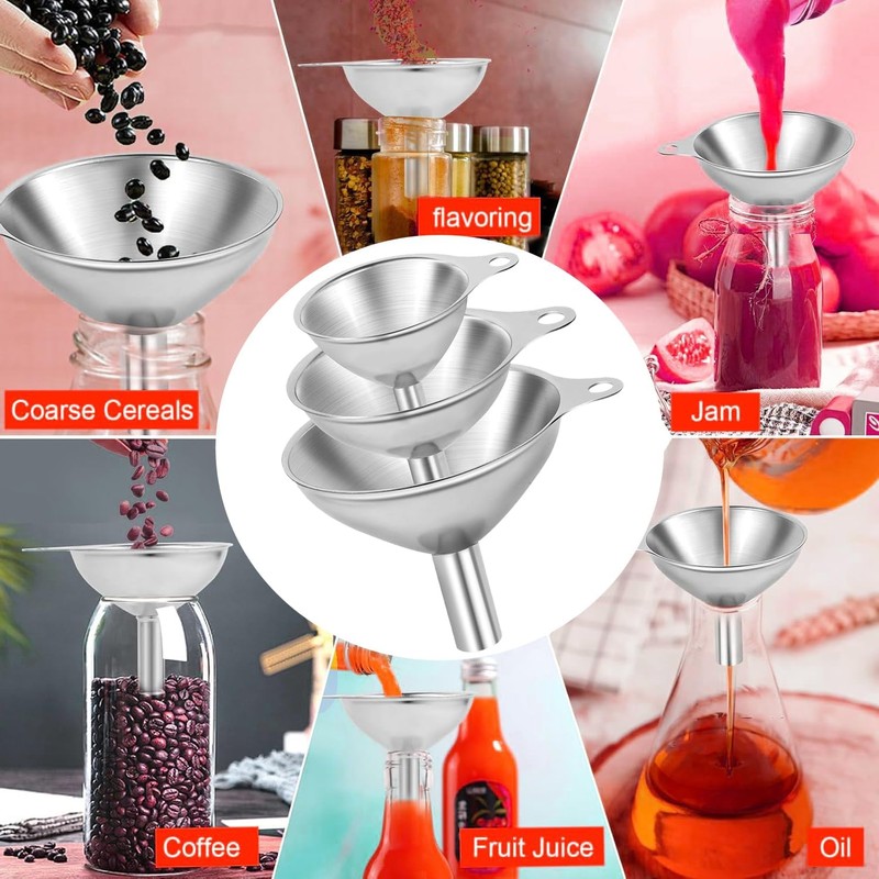 3pcs Funnel Set - Stainless Steel Funnels for Liquids, Powders,