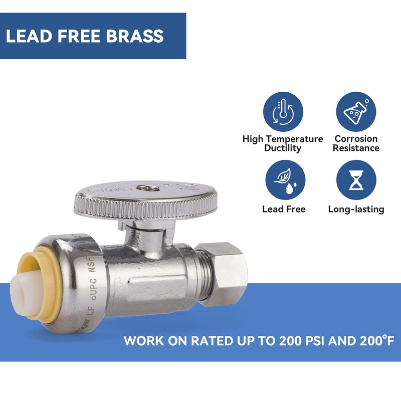 GUOFIS Push Fit 1/4 Turn Straight Stop Valve,1/2 Push X