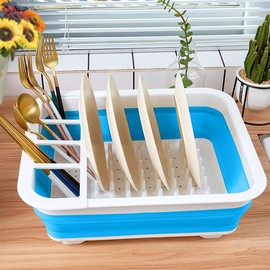 ZhildChen Collapsible Dish Rack Foldable Dish Drying Rack Portable Dish Drainer Dinnerware Organizer Rack Folding Tableware Storage Rack Cutlery Rack for Kitchen Counter RV Camper Accessories (Blue)