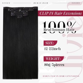 Vivien Jet Black Clip in Hair Extensions Real Human Hair Clip in Extensions Black Clip in Human Hair Extensions for Black Women 12 Inch 70 Grams 5pcs #1