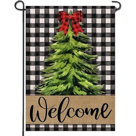 Welcome Christmas Tree Winter Double-sided Garden Flag 12x18 inch, Home Outdoor Garden Season and Black and White Plaid Garden Flag Decoration -B