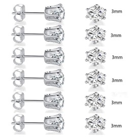 14K White Gold Plated 3.0mm Round Clear Cubic Zirconia Stud Earring Pack of 6 Pairs (6 Pairs)