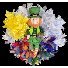 XL Leprechaun Rainbow St. Patrick's Day Deco Mesh Front Door Wreath, Outdoor Indoor Porch Patio Wall Decor, Spring Decoration, Shamrock