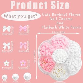 300Pcs Bow Nail Charms and Flatback Pearls,Black White Pink Bowknot 3D Cute Nail Charms for Acrylic Nail Supplies Design,White Half Pearls for Nail Jewelry DIY Crafts Nail Art Decoration Accessories