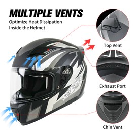 JQF Gear Full Face Motorcycle Helmet WS-607 DOT Approved Motorbike Racing Street Bike Helmets for Adults with Visor (Gray Ash, XXL)