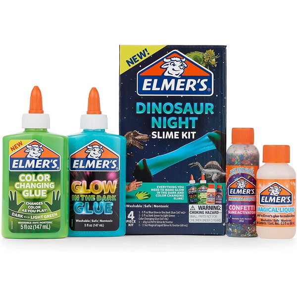 Elmer’s Glue Slime Kit, Dinosaur Night, Makes Color Changing and Glow in the Dark Slime, Includes Liquid Glue and Slime Activator, 4 Count