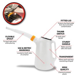 Performance Tool W4046 5 Qt. Oil Jug w/Lid - Measurement Markings, Pouring Handle, Flexible Spout, Spill-Free Oil Transfer, White