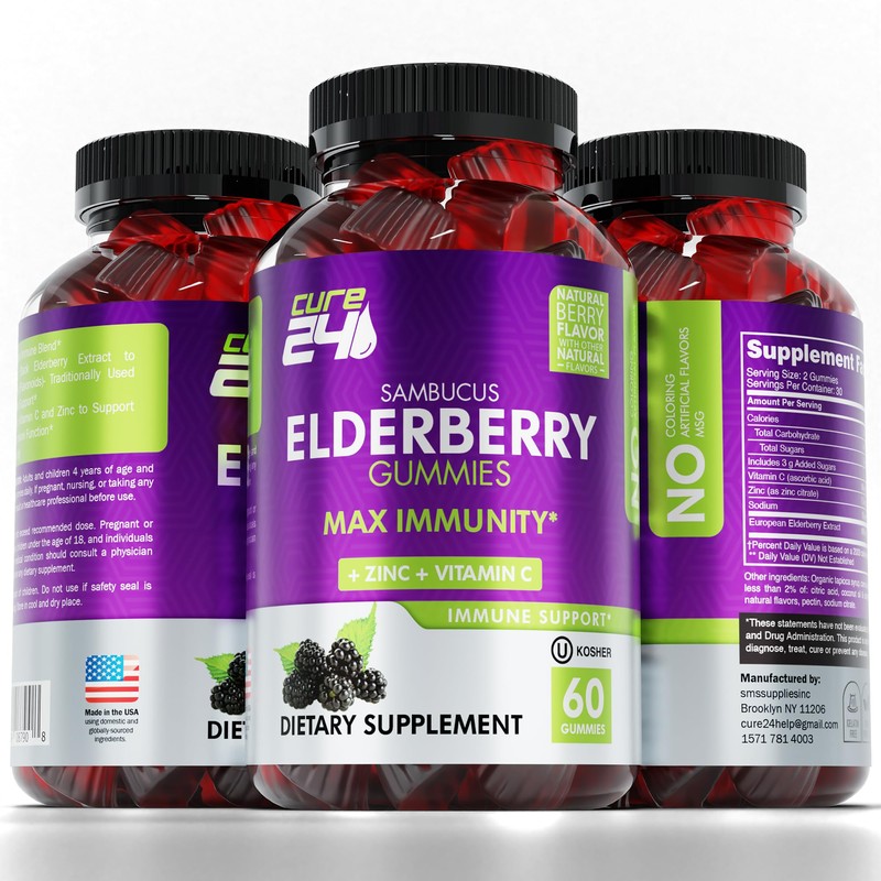 Cure24 Sambucus Elderberry Gummies for Adults & Kids, Black Elderberry