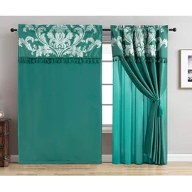 Chezmoi Collection Royale 4-Piece Jacquard Floral Window Curtain/Drape Set with Sheer Backing Valance Tassels, Green/Silver