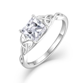 Blaniy Celtic Knot Ring 925 Sterling Silver Princess Cut Promise Engagement Ring Trinity Irish Ring Simulated Diamond Cubic Zirconia April Birthstone Jewelry Gifts for Women Size 7