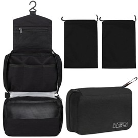 YYGOJOY Hanging Toiletry Bag Men Women, Travel Wash Bag Make up Bags with Hook & Handle, Multifunctional Cosmetic Organizer with 2 Drawstring Bags (Black)