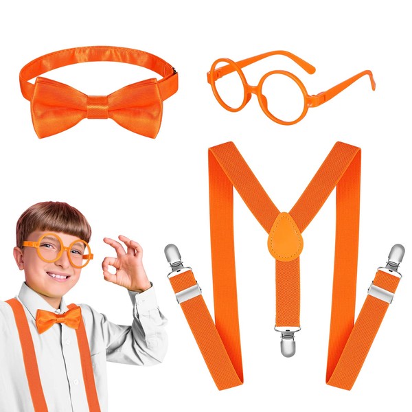3 Pcs Kids Suspenders Costume Accessories Orange Braces Bow Tie Glasses for Toddlers Girls Boys Nerd Outfit Nerd Costume