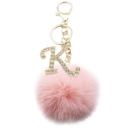 Xsclpomddy Pom Poms Keychain Artificial Soft Rabbit Hair Bag Charm with Golden Initial Letter A-Z for Handbag, Pink K