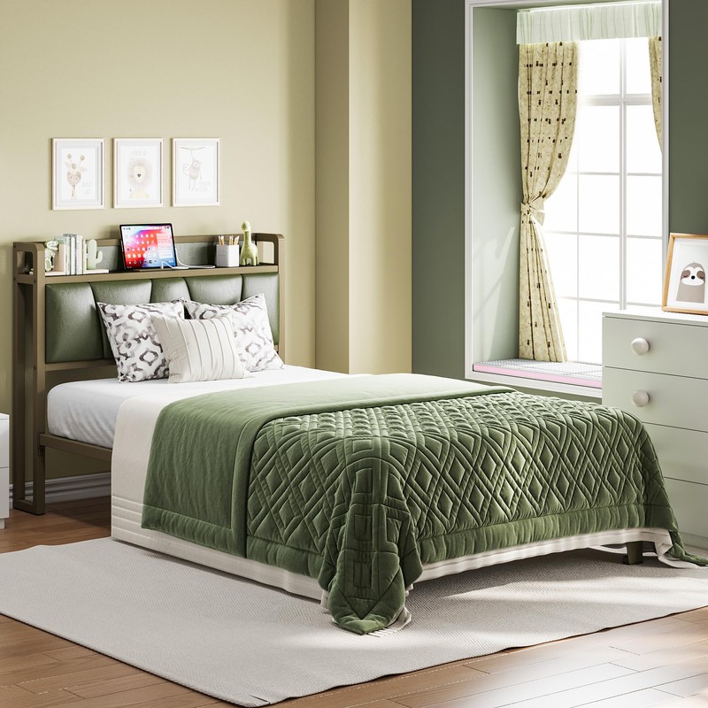 LIKIMIO Twin Bed Frame, Storage Headboard with Charging Station, Solid