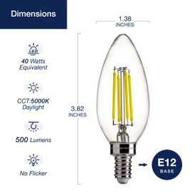 FLSNT 60W Equivalent LED Candelabra Bulbs, Dimmable LED Chandelier Bulbs, E12 Base, 500LM, 90 High CRI, 6 Pack, 5000K Daylight
