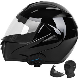 Motorcycle Bluetooth Modular Helmet, DOT Approved Dual Visor Full Face Flip Up Bluetooth Integrated Motorcycle Helmet for Adults Men and Women (Bright Black,Small)
