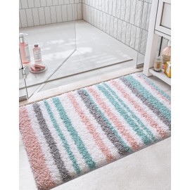 LUMI - Alfombra de baño a rayas, extra suave y absorbente, alfombra de baño antideslizante para baño, tina o piso de baño, 17 x 30 pulgadas, color rosa