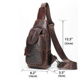 LUKZIJAES Genuine Leather Sling Bag for Men Crocodile Embossed Vintage Crossbody Shoulder Chest Pack Everyday Travel Backpack (#5-Coffee)