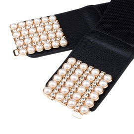 Aodexius Women's Waistband Woven Elastic Dress Belt, Lace-up Cinch Belt With Rhinestone Pearl Buckle,Black