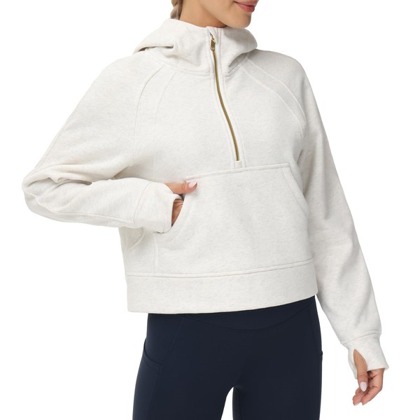 THE GYM PEOPLE Women's Half Zip Hoodies Long Sleeve Fleece Lined Crop Pullover Sweatshirts with Pockets Thumb Hole Heather White