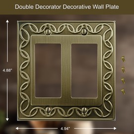 OKAWYC Double Decorator Light Switch Cover Plate, 2-Pack Antique Brass NovaBloom Metal Wall Plate 2 Gang Single Rocker, Receptacle Dimmer Switch GFCI Outlet Wallplate, Durable