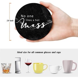 Bribay Coasters for Drinks Set of 6, Black Marble with Funny Quotes Sayings Absorbent Round Ceramic Stone Mat, with Cork Base and Metal Holder, Gift for Housewarming Room Bar Decor
