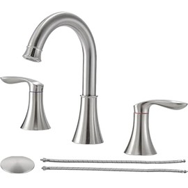 Friho Brushed Nickel Bathroom Faucet 3 Hole, Widespread 8 Inch 2 Handle Vanity Sink Faucet Set with Swivel Spout, Pop Up Drain and Water Supply Hoses