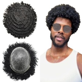 Hair Units for Black Men Full Poly Afro African American Men's Hair System Afro Toupee for Black Men Brazilian Human Hair Pieces Man Weave Hair Unit Black Men 8X10inch 1B# OFF BLACK 6MM Afro Wave