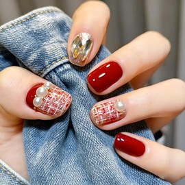 SURZON Nail Tips, Short, Red Check, Pearl Short, Cute, Double-Sided Tape, False Nails, Stylish, Simple, Coming-of-Age Ceremonies, Weddings, School Entrance Ceremonies, Graduation Ceremonies, 24 Pieces