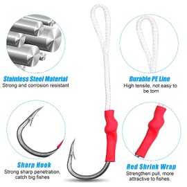 20 Pack Fishing Assist Hooks, Stainless Steel Jigging Assist Fishing Hooks with Red Braided Line Split Ring Lure Connector Jigging Hooks Fishing Tackle (20pcs 5/0)