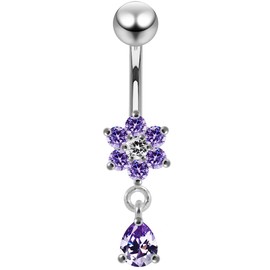 AZARIO LONDON Lavender Crystal Stone Trendy Flower and Teardrop Design Sterling Silver Belly Bars Piercing