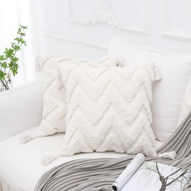 PLWORLD Boho White Throw Pillow Cover 20x20 Inch with Tassels, Striped Tufted Decorative Cream Chenille Fabric Accent Textured Cushion Case for Bed Couch, 1 PC Cover Only No Insert