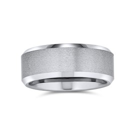Wide Polished Beveled Edge Brushed Matte Couples Silver-Tone Titanium Wedding Band Ring for Men Comfort Fit 8MM