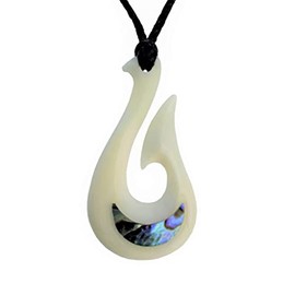 Hand Carved Bone & Paua Shell Hei Matau Fish Hook Pendant Necklace Pendant from New Zealand, Shell