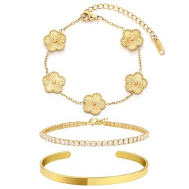 18K Gold Bracelet for Women, Gold Plated Stainless Steel Tennis Bracelets for Women, Vintage Five-Flower Chain Bangle Cuff Bracelets, Christmas Valentines Birthday Gift for Woman Wife (3PCS 18K)