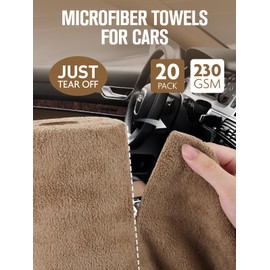 Fantasticlean Microfiber Towels for Cars, Tear Away Car Detailing Cloth Roll, RV Boat Drying Polishing, Edgeless Plush, Coral Fleece, Ultra Absorbent, Scratch-Free, 230GSM, 14" x 14", 20 Pack (Tan)