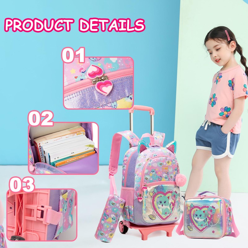 Kids Rolling Loving Cat Backpack for Girls Trolley Suitcases Luggage