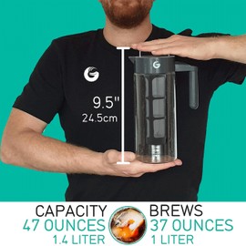 Coffee Gator Cold Brew Coffee Maker - 47 oz Iced Tea and Cold Brew Maker and Pitcher w/Glass Carafe, Filter, Funnel & Measuring Scoop - Black