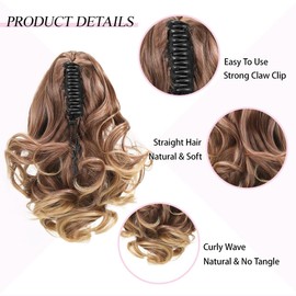Ponytail Extension, 12in Claw Clip in Curly Wavy Pony Hair Extension, Short Clip on Pony Tail Synthetic Hairpiece for Women Daily Use Light Brown With Golden Ends