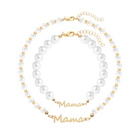 Mama Pearl Bracelet Necklaces Set Mama Birthday Gifts from Daughter Son Mommy Mother Pearl Bead Necklace for Women Mom Mother Letter Pearl Bracelet for Women