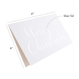 Silver Christmas Cards - 50 Pack White Merry Christmas Greeting Cards in Matte Finish with Silver Foil Lettering - Includes 52 Silver Foil Confetti Kraft Envelopes - 4" x 6" Blank Inside