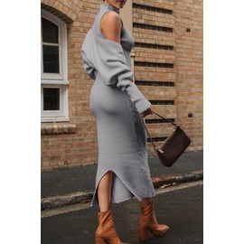 PRETTYGARDEN Womens Fall 2 Piece Outfits Bodycon Maxi Tank Pullover Sweater Dress And Long Sleeve Cropped Cardigan Knit Sets (Grey,Small)